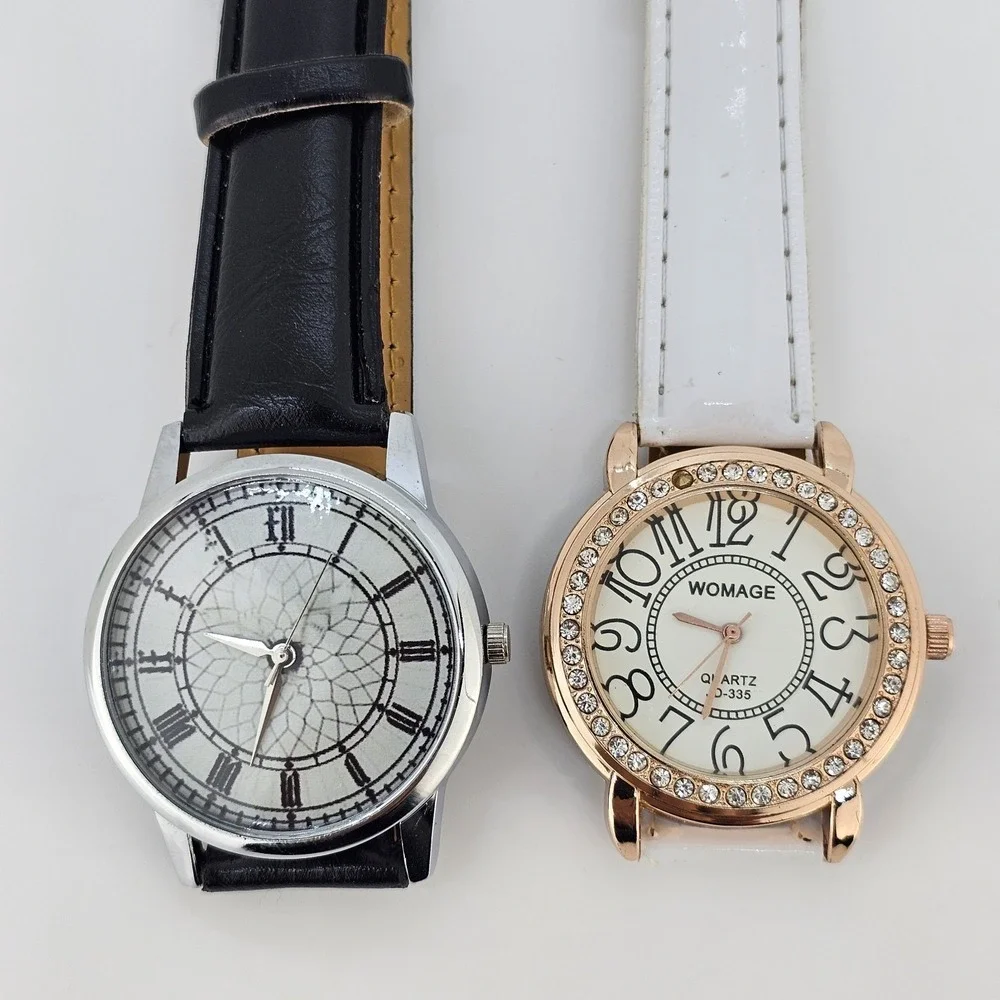 2X Women's Watch 38MM Gray Cream Dial Black White Faux Leather Bands NEW Battery